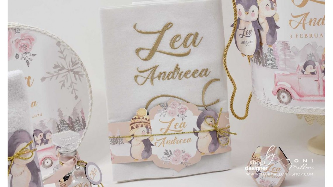 Trusou botez cu pinguini personalizat prin brodare Pinguinii in vacanta de iarna 9